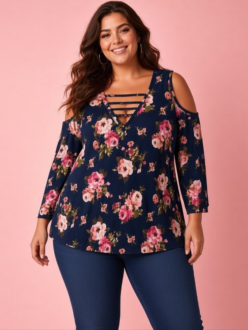 Discreet Women's 1X Navy Floral Cold Shoulder Top 3/4 Sleeve V-Neck Blouse